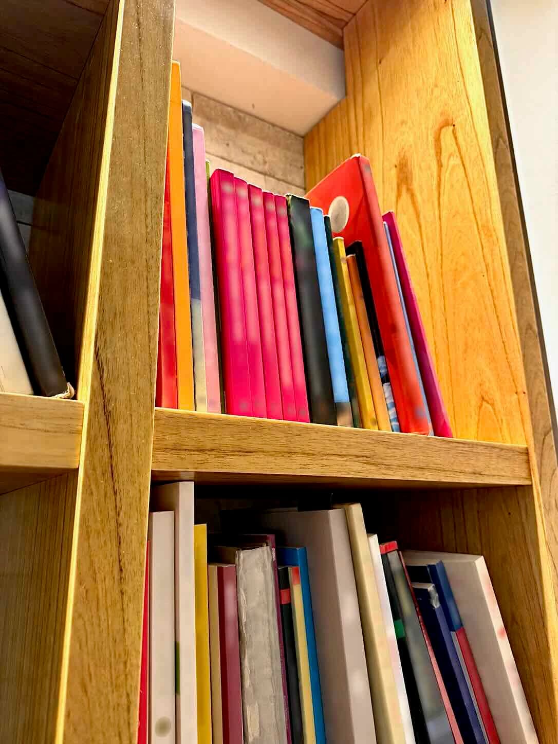 Detalle de los estantes y divisiones enchapados en Paraíso, con libros de distintos tamaños.