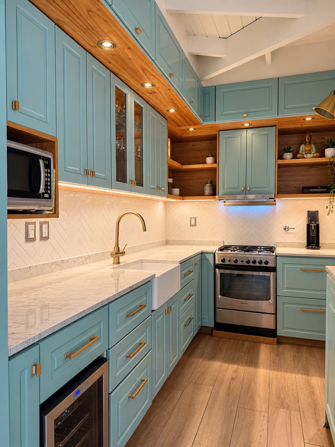 Vista vertical de los muebles celestes de la cocina, con alacenas, estantes de madera y luces integradas sobre la mesada.